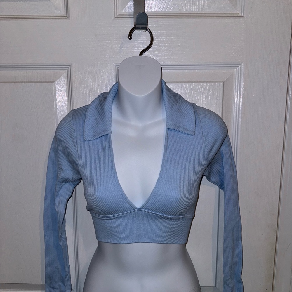 Garage Light Blue Ribbed Long Sleeve Crop Top‎